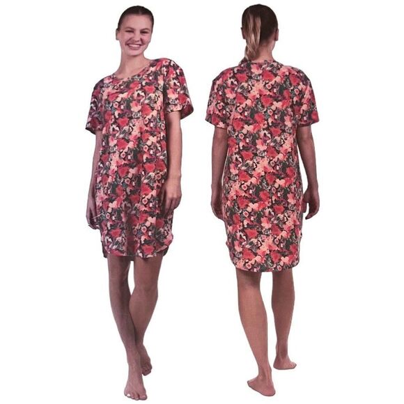 NWT Womens N NATORI 2Pack Sleep Shirts Pink Floral Or Black Size SMALL V Neck - Picture 2 of 5